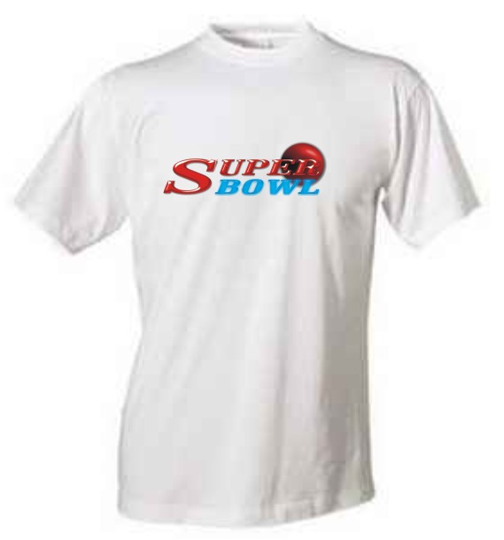 Biała koszulka z krótkim rękawem i nadrukiem 'Super Bowl' z czerwoną kulą zamiast 'O'.